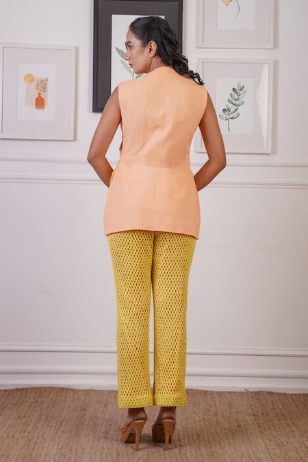 Shop_Ankur J_Yellow Blazer Top Linen Embroidery Thread V Neck Front With Pant _at_Aza_Fashions