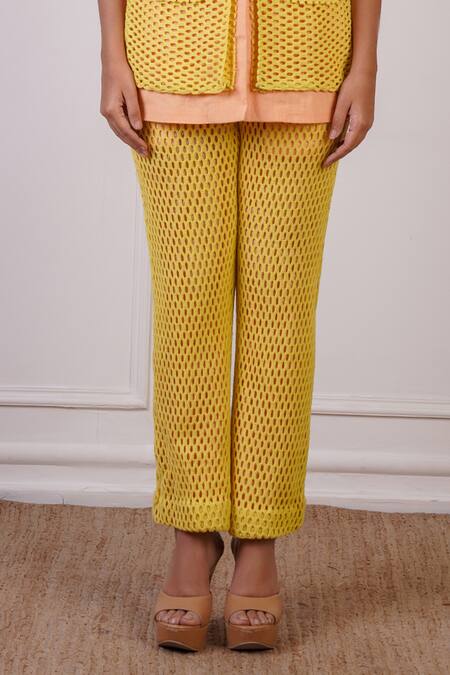 Shop Ankur J Yellow Blazer Top Linen Embroidery Thread V Neck Front With Pant Online at Aza Fashions Shop_Ankur J_Yellow Blazer Top Linen Embroidery Thread V Neck Front With Pant _Online_at_Aza_Fashions