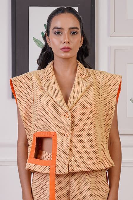 Ankur J Brown Cotton Textured Crochet Lapel Collar Blazer Top With Pant Online at Aza Fashions Ankur J_Brown Cotton Textured Crochet Lapel Collar Blazer Top With Pant _Online_at_Aza_Fashions