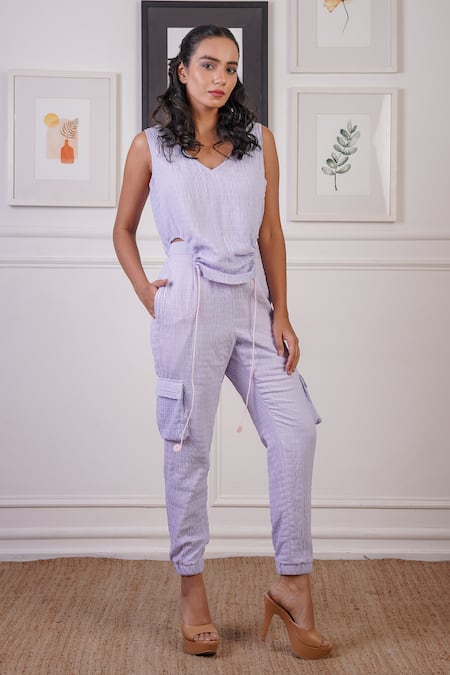 Ankur J Purple Crepe Linen Textured V-neck Cut-out Crop Top With Joggers 