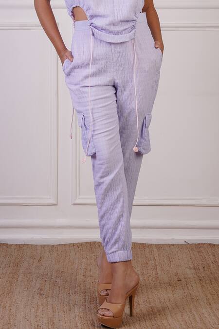 Shop Ankur J Purple Crepe Linen Textured V-neck Cut-out Crop Top With Joggers Shop_Ankur J_Purple Crepe Linen Textured V-neck Cut-out Crop Top With Joggers