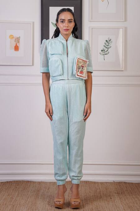 Shop_Ankur J_Blue Textured Stand Collar Bomber Jacket With Joggers _Online_at_Aza_Fashions