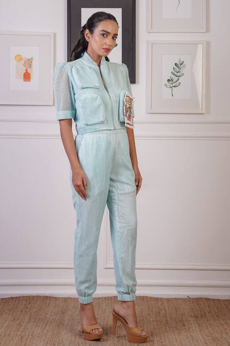 Buy_Ankur J_Blue Textured Stand Collar Bomber Jacket With Joggers 