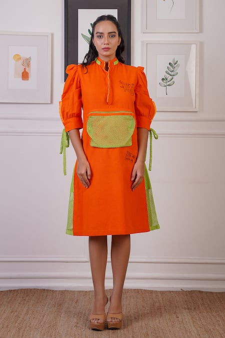 Ankur J_Orange Organic Cotton Linen Slogan Mandarin Collar Placed Dress _Online_at_Aza_Fashions