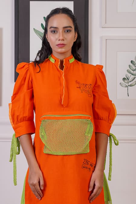 Buy_Ankur J_Orange Organic Cotton Linen Slogan Mandarin Collar Placed Dress _Online_at_Aza_Fashions