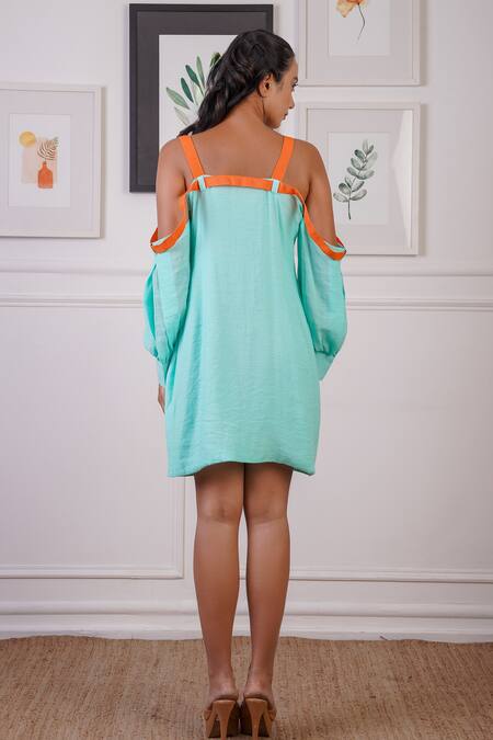 Shop_Ankur J_Blue Linen Crepe Embellished Harness Square Cold Shoulder Dress _at_Aza_Fashions
