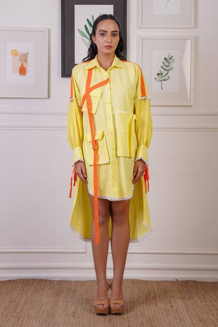 Ankur J_Yellow Oxford Embellished Crochet Shirt Collar High-low Harness Dress _Online_at_Aza_Fashions