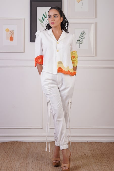 Ankur J White Linen Textured Crochet Lapel Collar Lace Embellished Blazer With Joggers 