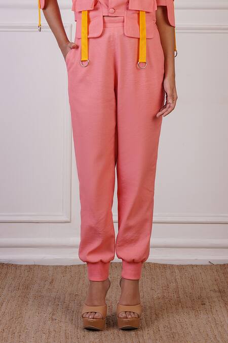 Buy_Ankur J_Pink Linen Embellished Belt Strips Lapel Pocket Pattern Blazer With Joggers _Online_at_Aza_Fashions