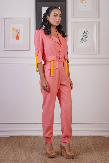 Ankur J_Pink Linen Embellished Belt Strips Lapel Pocket Pattern Blazer With Joggers _at_Aza_Fashions