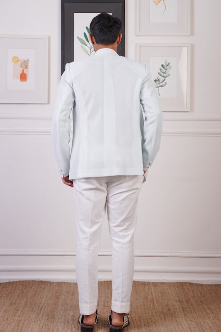 Shop_Ankur J_White Crochet Plain Pattern Blazer And Pant Set _at_Aza_Fashions