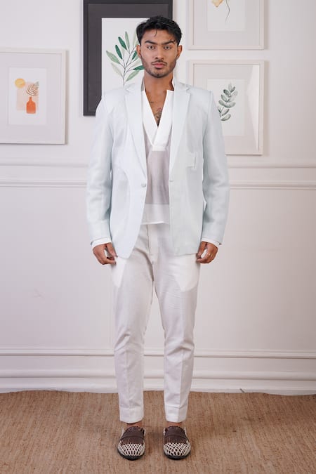 Ankur J_White Crochet Plain Pattern Blazer And Pant Set _Online_at_Aza_Fashions