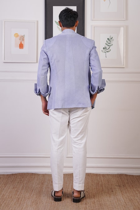 Shop_Ankur J_Blue Crochet Textured Blazer And Pant Set _at_Aza_Fashions