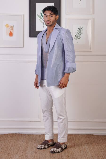 Buy_Ankur J_Blue Crochet Textured Blazer And Pant Set _Online_at_Aza_Fashions