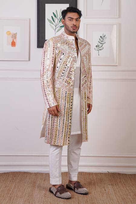 Ankur J_Ivory Cotton With Silk Mesh Embroidery Thread Mirror Jacket And Pant Set _Online_at_Aza_Fashions