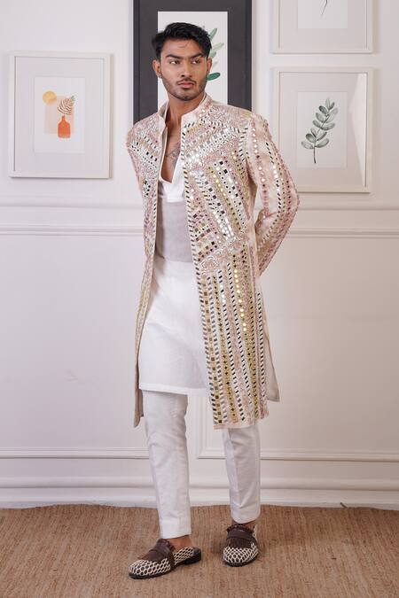 Buy_Ankur J_Ivory Cotton With Silk Mesh Embroidery Thread Mirror Jacket And Pant Set _Online_at_Aza_Fashions