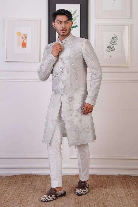 Ankur J Grey Cotton With Silk Mesh Embroidery Tonal Thread Sherwani Pant 