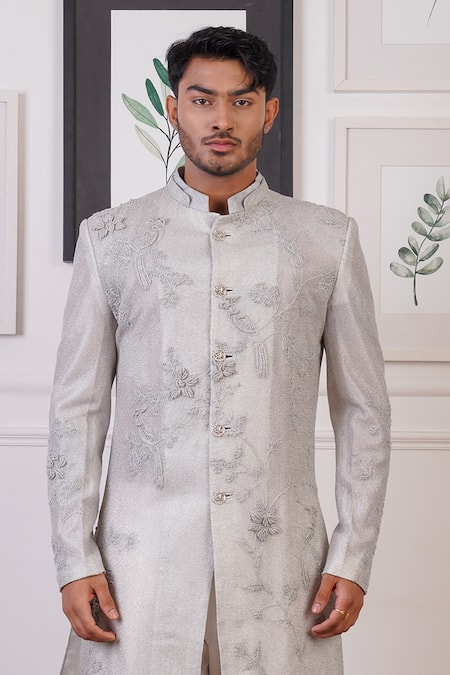 Ankur J Grey Cotton With Silk Mesh Embroidery Tonal Thread Sherwani Pant Online at Aza Fashions Ankur J_Grey Cotton With Silk Mesh Embroidery Tonal Thread Sherwani Pant _Online_at_Aza_Fashions