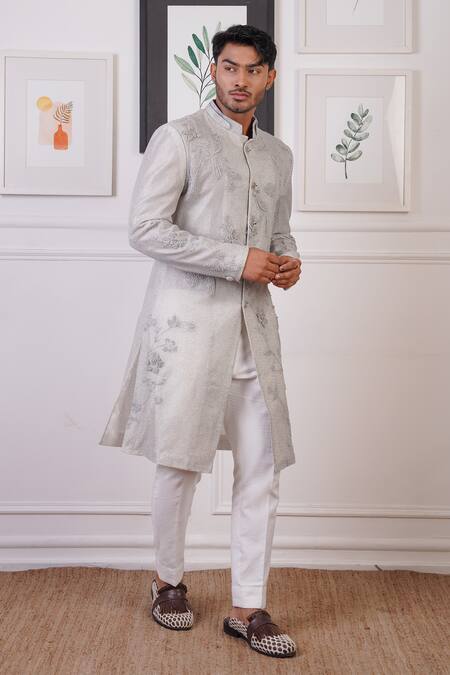 Ankur J_Grey Cotton With Silk Mesh Embroidery Tonal Thread Sherwani Pant _at_Aza_Fashions