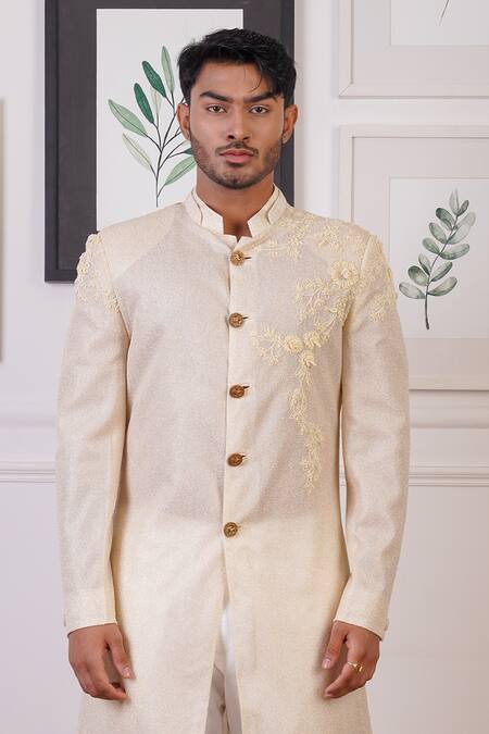 Ankur J Cream Cotton With Silk Mesh Placement Embroidery Floral Sherwani Pant Online at Aza Fashions Ankur J_Cream Cotton With Silk Mesh Placement Embroidery Floral Sherwani Pant _Online_at_Aza_Fashions