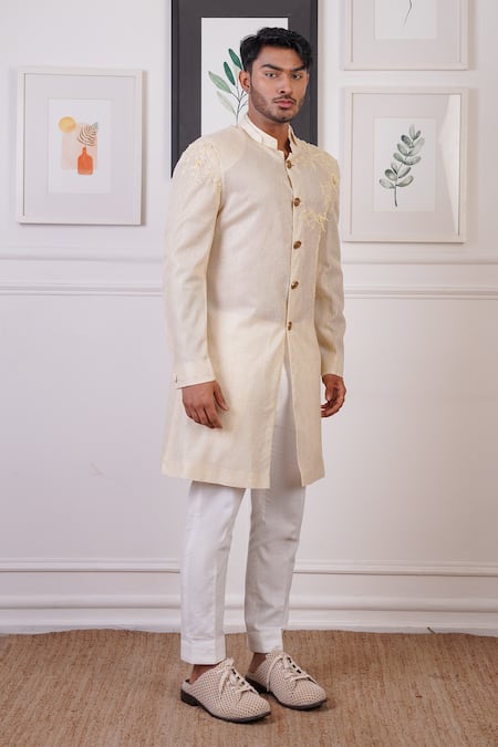 Shop_Ankur J_Cream Cotton With Silk Mesh Placement Embroidery Floral Sherwani Pant _Online_at_Aza_Fashions