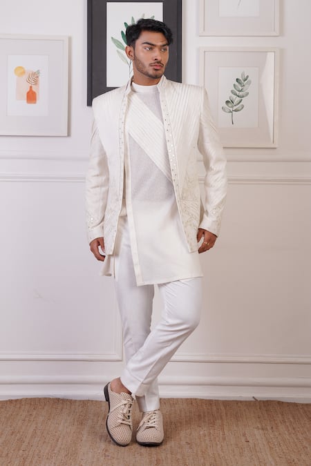 Ankur J White Cotton With Silk Mesh Embroidery Mirror Short Jacket And Pant Set 