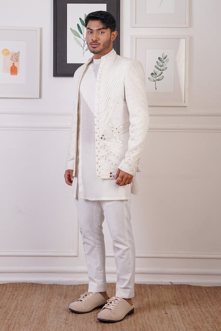 Buy_Ankur J_White Cotton With Silk Mesh Embroidery Mirror Short Jacket And Pant Set _Online_at_Aza_Fashions