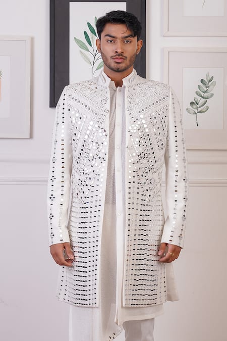 Buy Ankur J White Cotton With Silk Mesh Embroidery Mirror Cluster Sherwani And Pant Set Online at Aza Fashions Buy_Ankur J_White Cotton With Silk Mesh Embroidery Mirror Cluster Sherwani And Pant Set _Online_at_Aza_Fashions