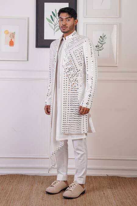 Shop_Ankur J_White Cotton With Silk Mesh Embroidery Mirror Cluster Sherwani And Pant Set _Online_at_Aza_Fashions