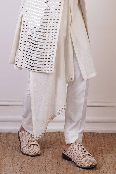 Shop Ankur J White Cotton With Silk Mesh Embroidery Mirror Cluster Sherwani And Pant Set Shop_Ankur J_White Cotton With Silk Mesh Embroidery Mirror Cluster Sherwani And Pant Set