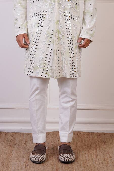 Buy_Ankur J_White Cotton With Silk Mesh Embroidery Mirror Kurta Pant _Online_at_Aza_Fashions