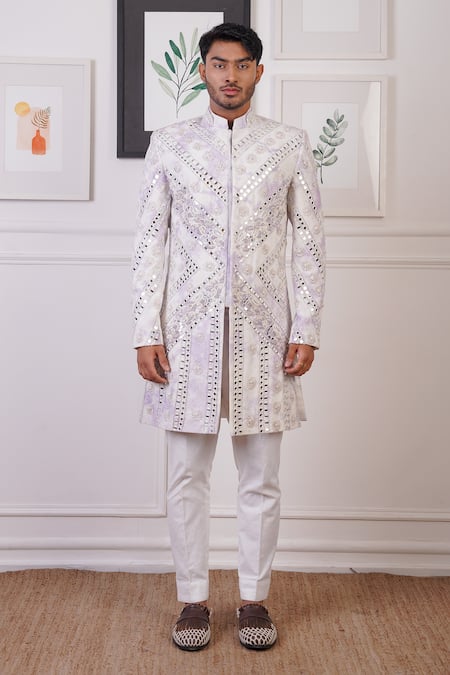 Ankur J_White Cotton With Silk Mesh Embroidery Mirror Floral Sherwani Pant _Online_at_Aza_Fashions