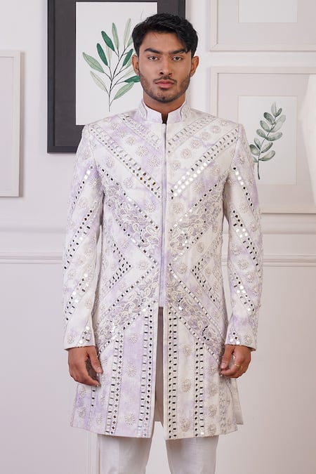 Buy_Ankur J_White Cotton With Silk Mesh Embroidery Mirror Floral Sherwani Pant _Online_at_Aza_Fashions