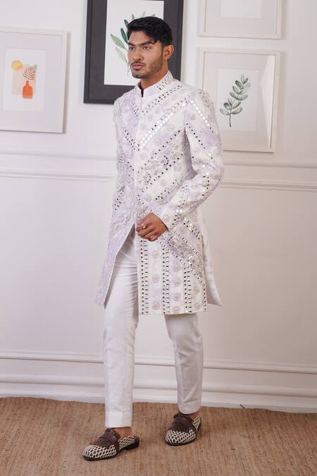Shop_Ankur J_White Cotton With Silk Mesh Embroidery Mirror Floral Sherwani Pant 