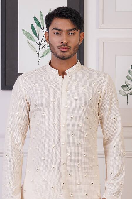 Ankur J Cream Crochet Embroidery Mirror Butti Kurta With Pant Online at Aza Fashions Ankur J_Cream Crochet Embroidery Mirror Butti Kurta With Pant _Online_at_Aza_Fashions