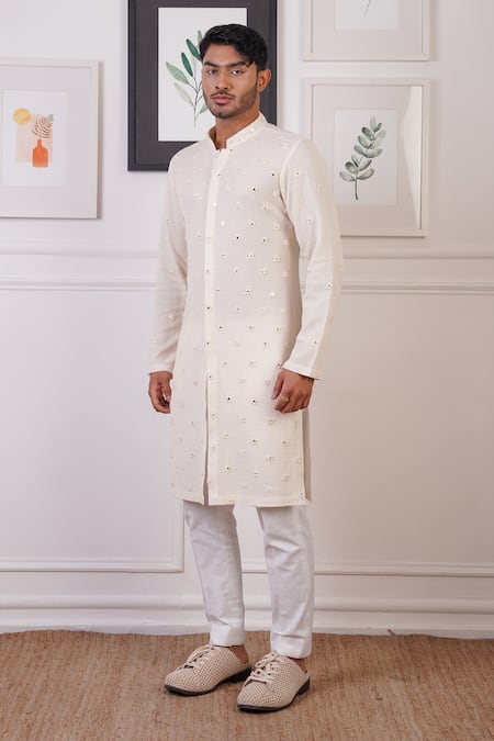 Ankur J_Cream Crochet Embroidery Mirror Butti Kurta With Pant _at_Aza_Fashions