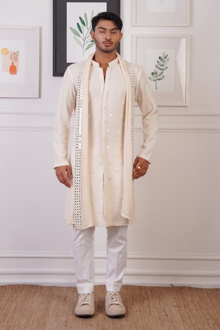 Ankur J Cream Crochet Embroidery Mirror Butti Kurta And Pant Set 