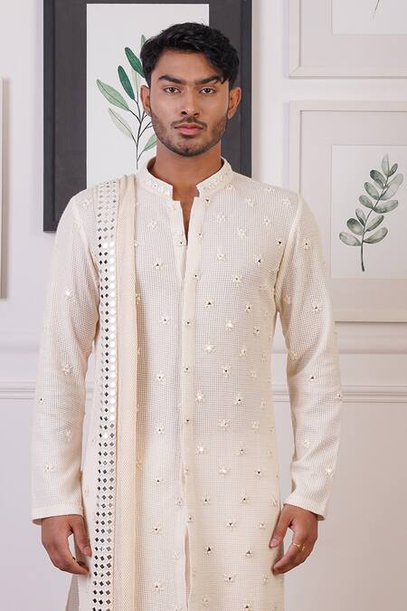 Ankur J Cream Crochet Embroidery Mirror Butti Kurta And Pant Set Online at Aza Fashions Ankur J_Cream Crochet Embroidery Mirror Butti Kurta And Pant Set _Online_at_Aza_Fashions