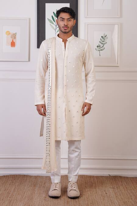 Shop_Ankur J_Cream Crochet Embroidery Mirror Butti Kurta And Pant Set _Online_at_Aza_Fashions