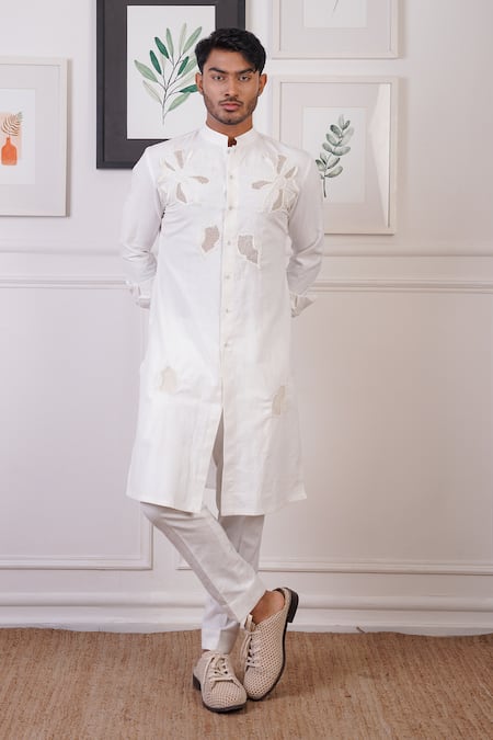 Ankur J White Linen Placement Embroidery Floral Cutwork Detail Kurta With Pant 