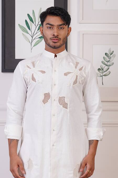 Ankur J_White Linen Placement Embroidery Floral Cutwork Detail Kurta With Pant _Online_at_Aza_Fashions