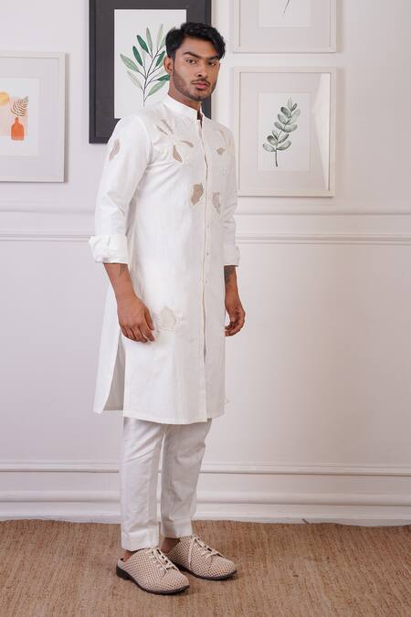 Buy_Ankur J_White Linen Placement Embroidery Floral Cutwork Detail Kurta With Pant 