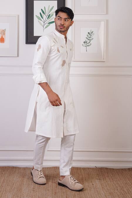 Shop_Ankur J_White Linen Placement Embroidery Floral Cutwork Detail Kurta With Pant 