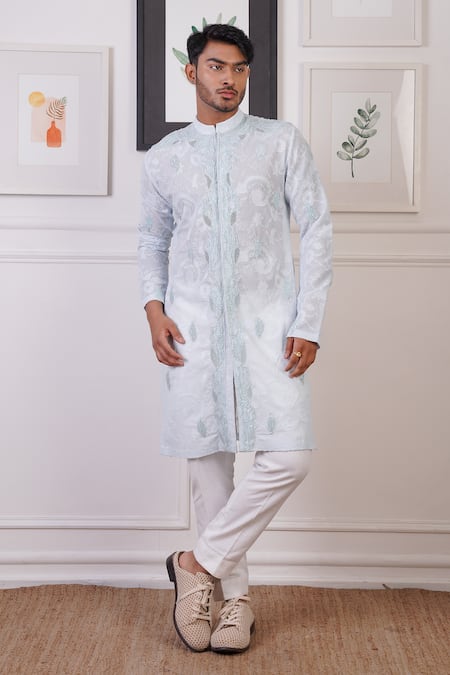 Ankur J Blue Georgette And Cotton Silk Embroidery Sequin Kurta With Pant 