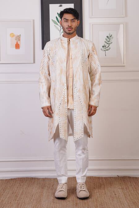 Ankur J_Cream , Silk, Satin Mirrors Tie Dye Embroidered Overlay Pant Set _Online_at_Aza_Fashions