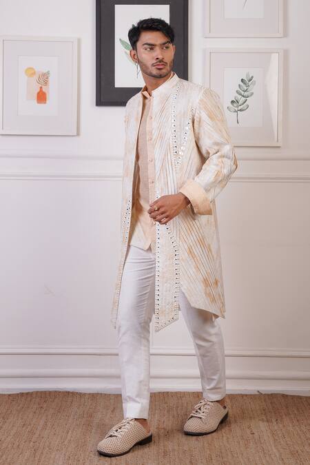 Buy_Ankur J_Cream , Silk, Satin Mirrors Tie Dye Embroidered Overlay Pant Set 