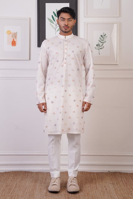 Ankur J White Crochet Embroidery Floral Butti Kurta With Pant 