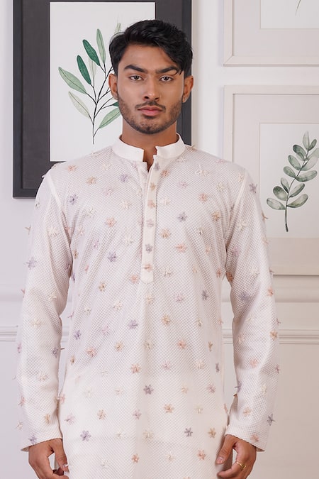 Buy Ankur J White Cotton, Silk Embroidery Floral Butti Kurta With Pant Online at Aza Fashions Buy_Ankur J_White Cotton, Silk Embroidery Floral Butti Kurta With Pant _Online_at_Aza_Fashions