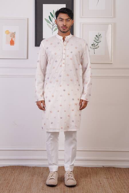 Shop_Ankur J_White Cotton, Silk Embroidery Floral Butti Kurta With Pant _Online_at_Aza_Fashions