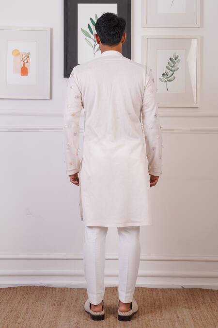 Buy_Ankur J_White Cotton, Silk Embroidery Floral Butti Kurta With Pant 